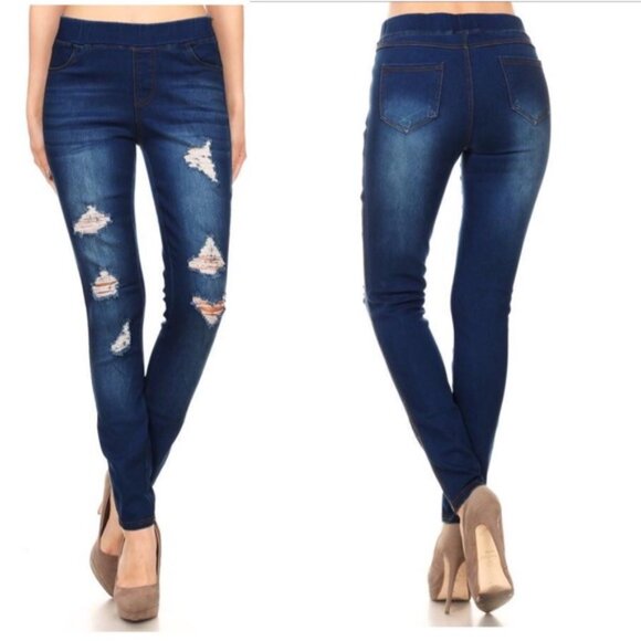 Small NEW Womens JVINI Designer Distressed Ripped Jean Jeggings, Dark Wash - Picture 11 of 11
